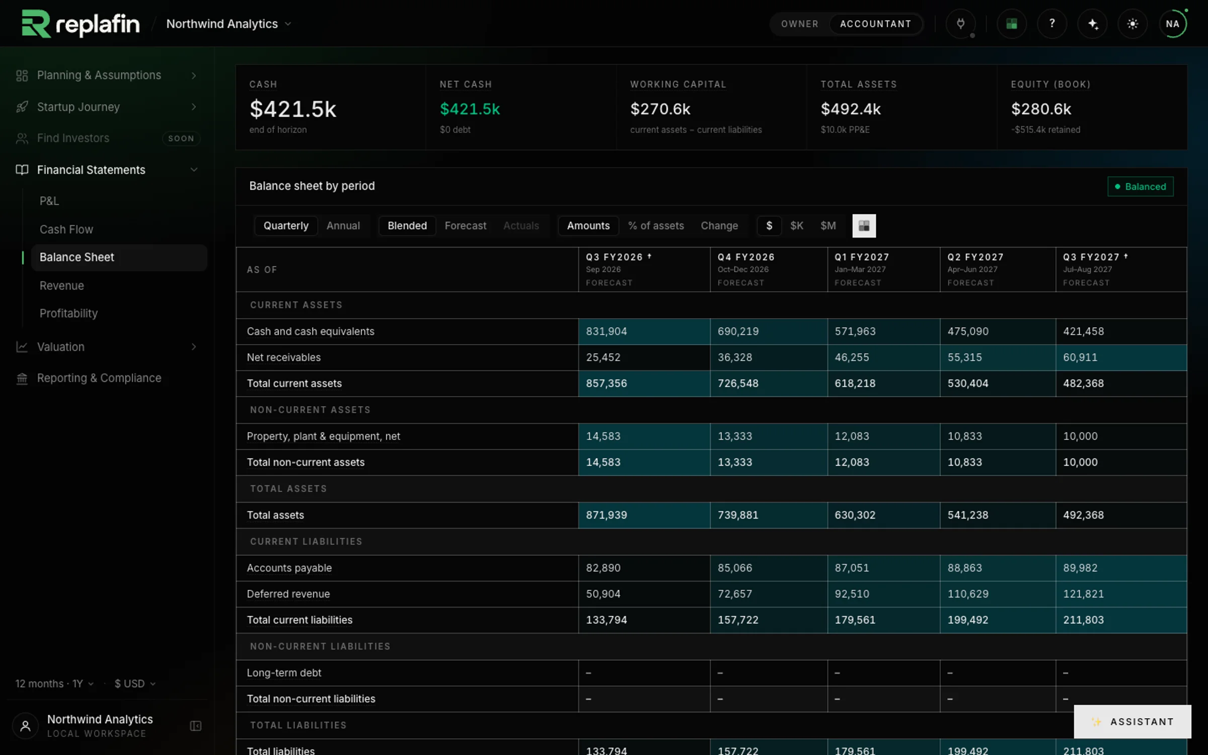 The balance sheet page: current and non-current assets, liabilities and equity by quarter, marked as balanced.