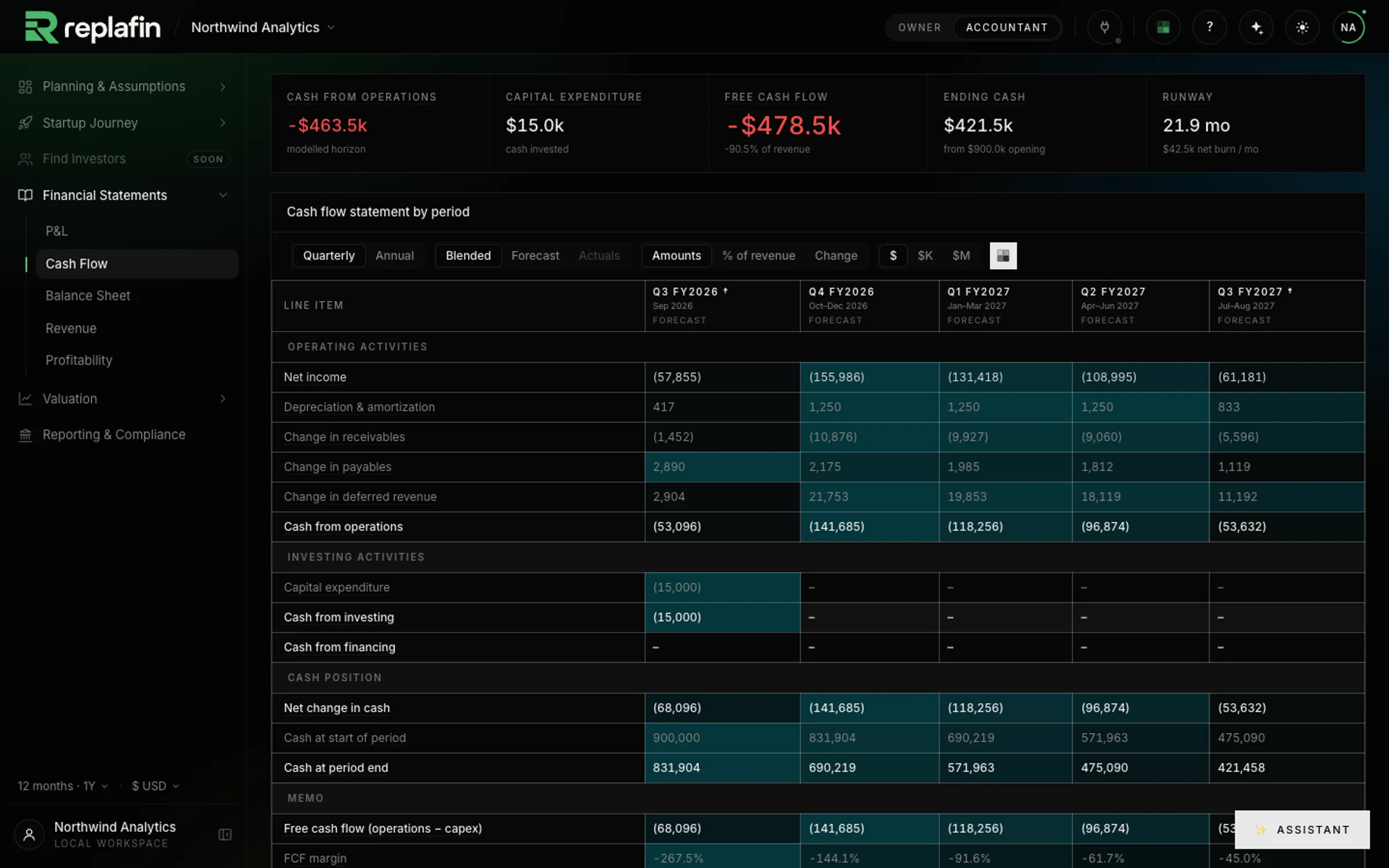 The cash flow statement page: cash from operations, investing and financing, and the cash position by quarter.